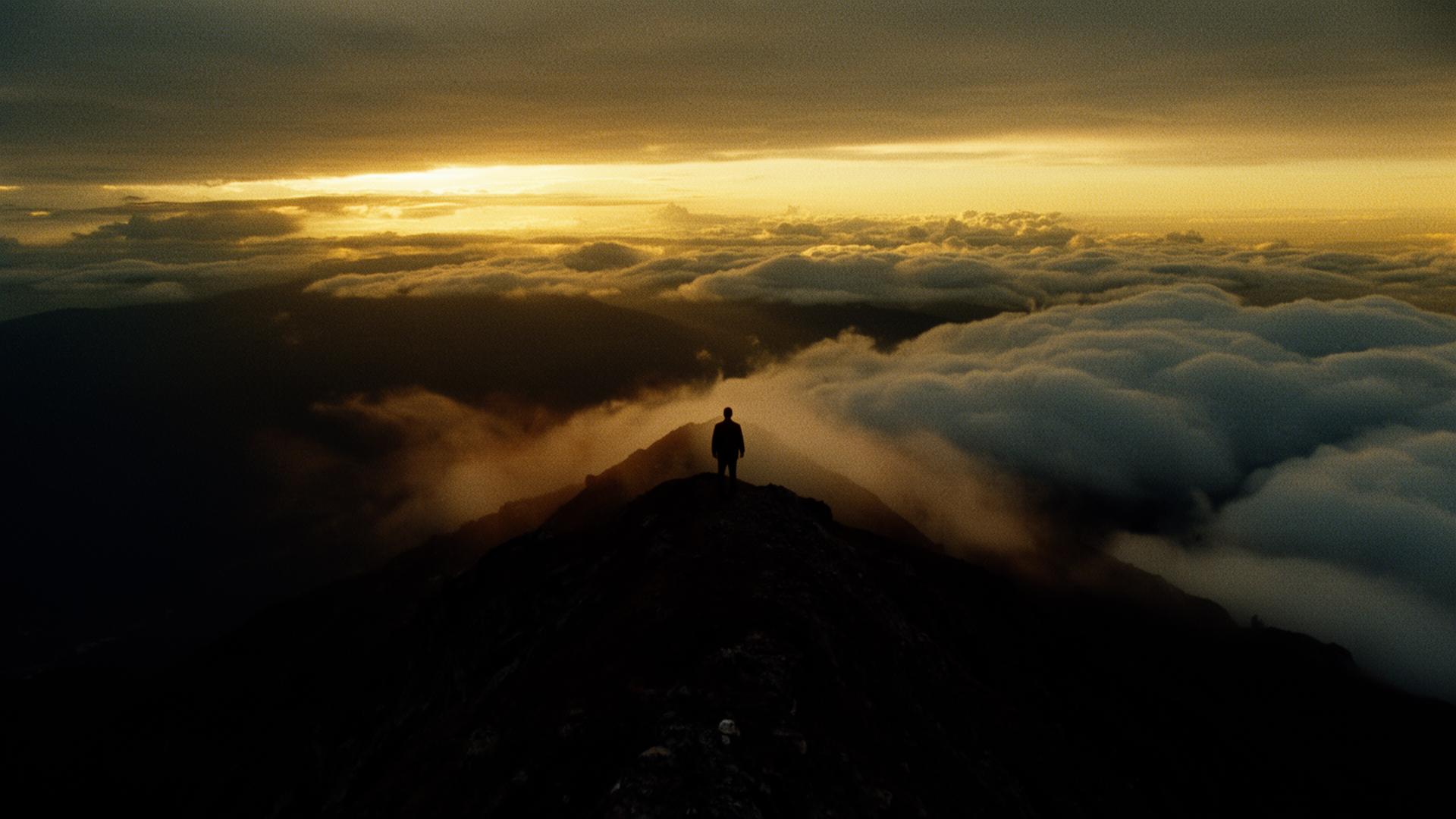 A founder standing on a mountain ridge above the clouds at dawn